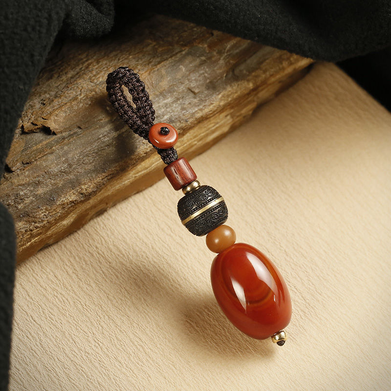 Red Agate Car Keychain – red agate with gold-ringed ebony bead on wood and linen, elegant mens keychain