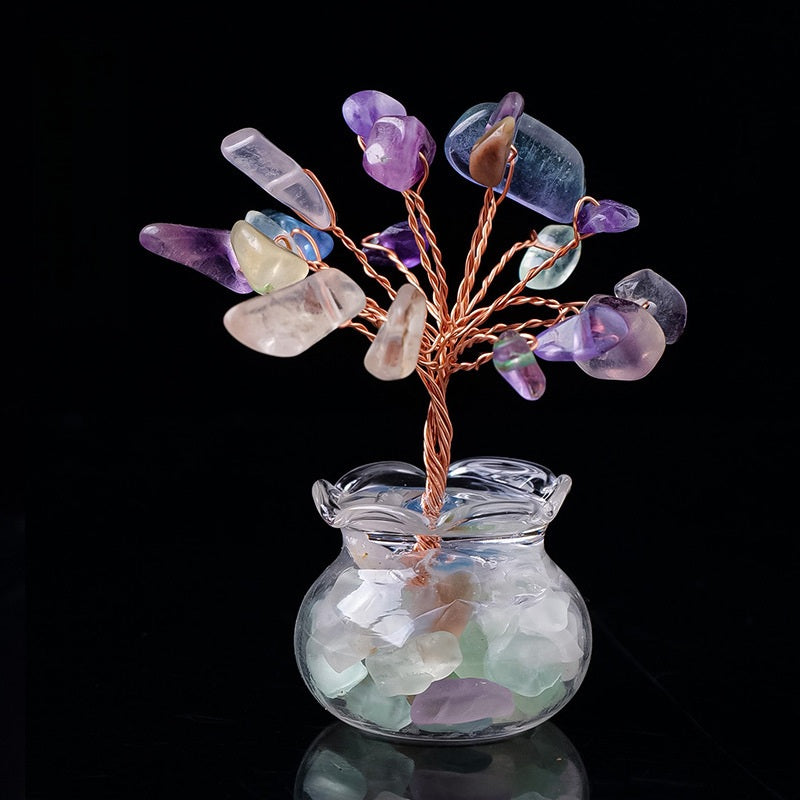 Mini Wealth Tree – mixed chakra gemstone tree in glass pot, copper wire branches, black background, balance ornament