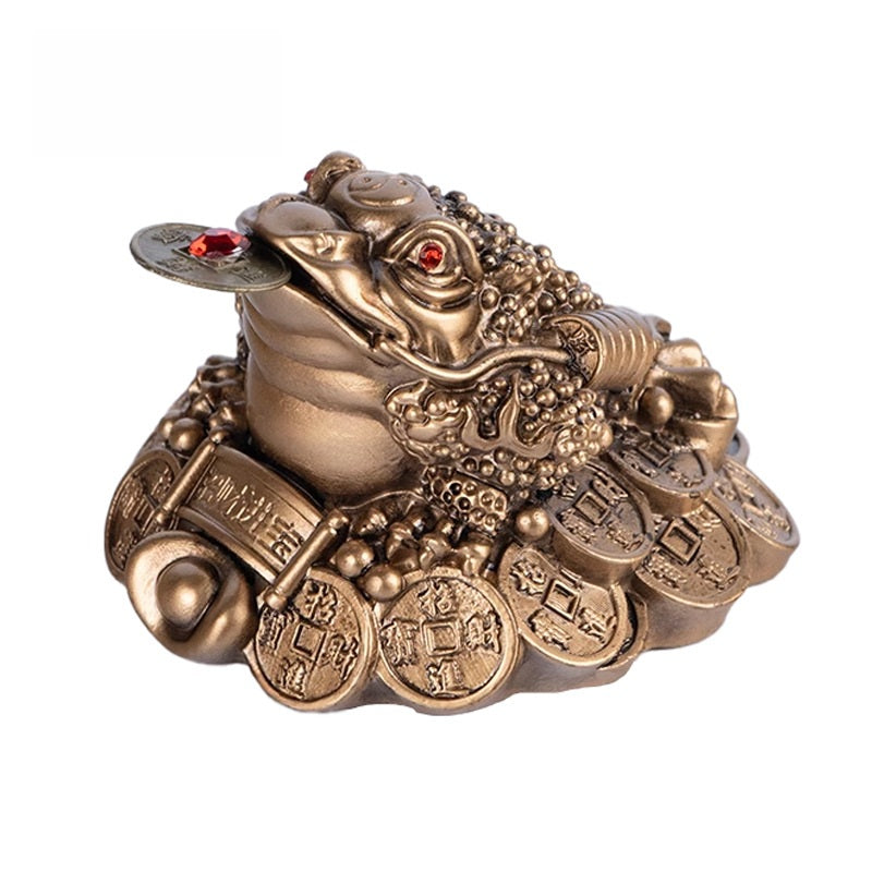 Bronze Money Toad – frontal close-up of copper frog on stacked lucky coins, vintage feng shui decor