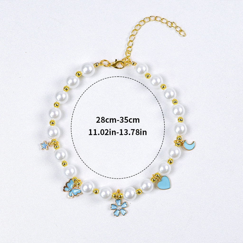 Luxury Crystal Pet Necklace – pearl collar with blue butterfly star flower heart moon charms, 28-35cm