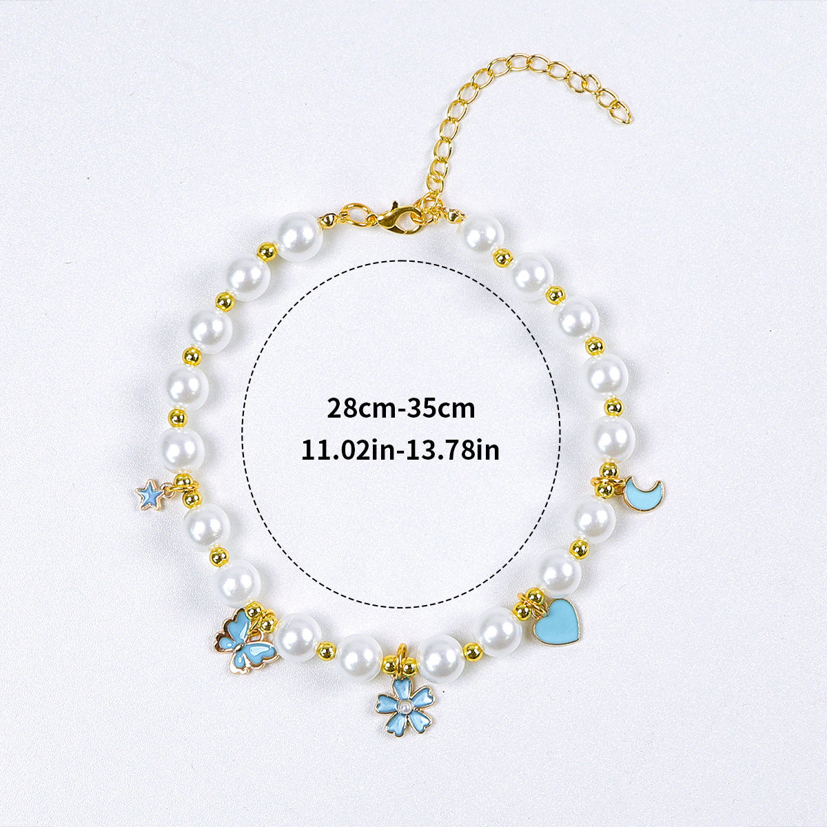 Luxury Crystal Pet Necklace – pearl collar with blue butterfly star flower heart moon charms, 28-35cm