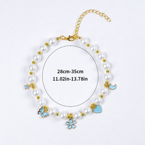 Luxury Crystal Pet Necklace – pearl collar with blue butterfly star flower heart moon charms, 28-35cm
