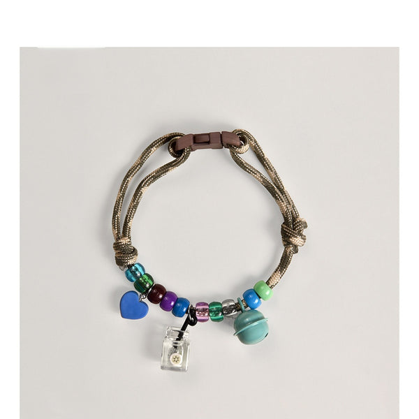 Breathable Cat Collar – Olive rope with heart charm, flower bottle & teal bell, boho pet necklace