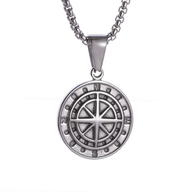 Seven Archangels Pendant – Compass rose back design on silver pendant, navigation men necklace