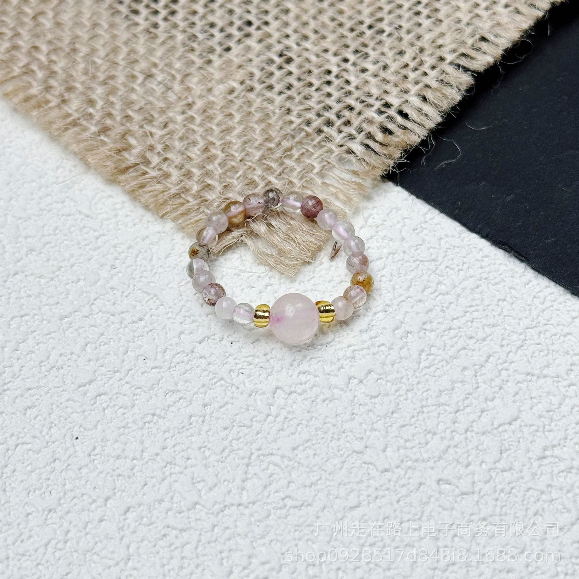 Tiger Eye Beaded Ring – Mixed clear beads with rose quartz center on burlap, love energy ring