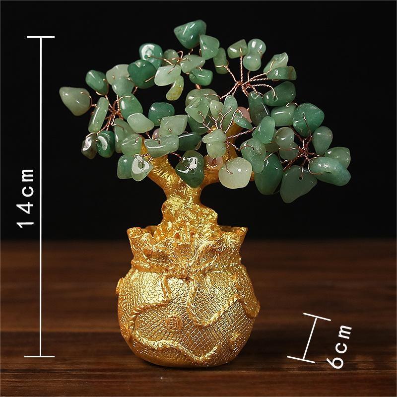 Green Aventurine Tree – translucent green stones on gold money bag no coin charms, growth feng shui