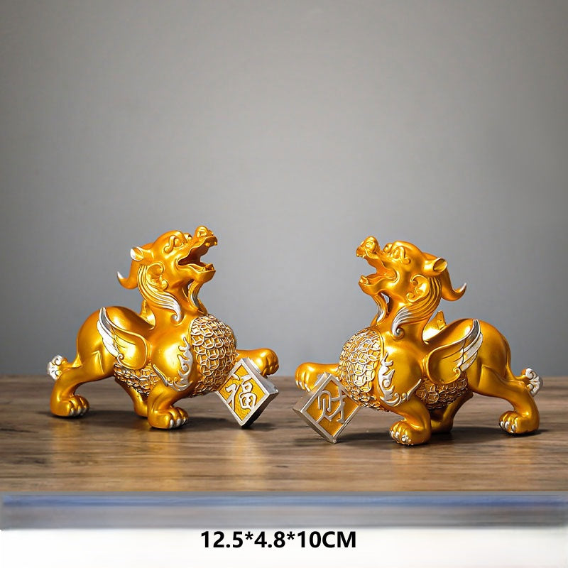 Pi Xiu Statue Pair – Golden winged pair with fortune plaques on wood, Feng Shui wealth decor