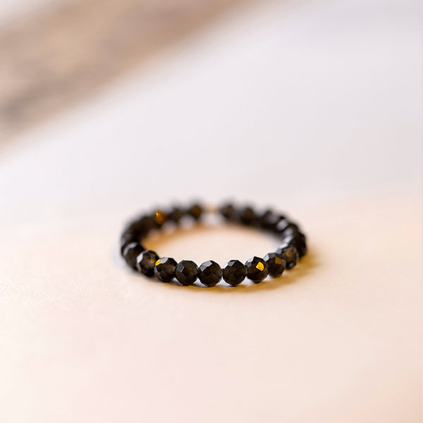 2mm Citrine Ring – Tiny black faceted bead ring on white, sleek obsidian stacking ring for women