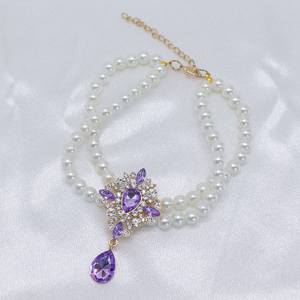 Elegant Pearl Crystal Collar – Double-layer pearl collar with purple teardrop crystal pendant, white satin