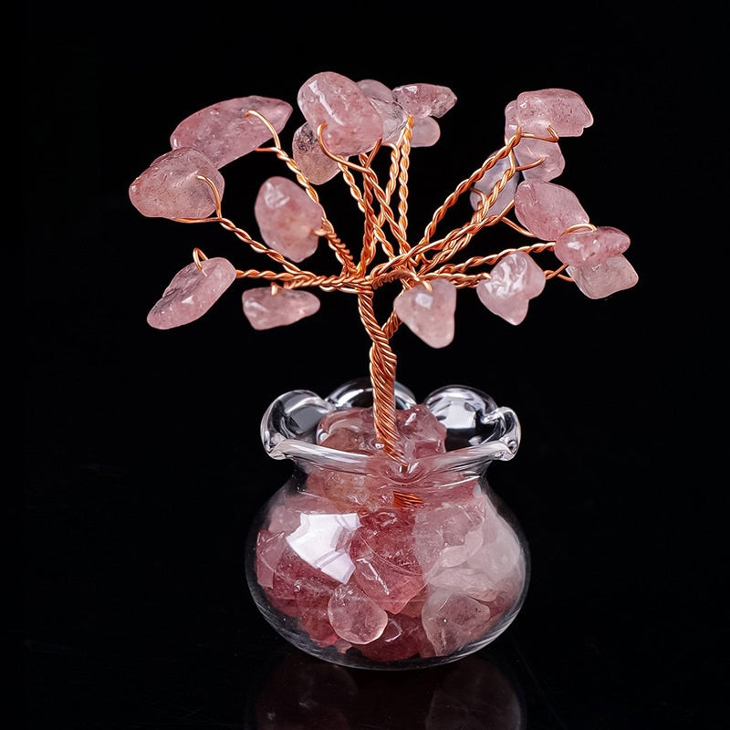 Mini Wealth Tree – strawberry quartz pink crystal tree in glass pot, copper wire, black background, love energy decor