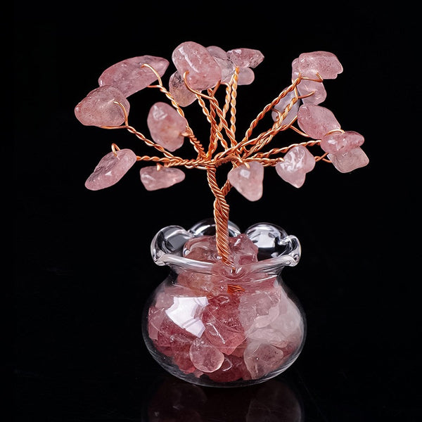 Mini Wealth Tree – strawberry quartz pink crystal tree in glass pot, copper wire, black background, love energy decor
