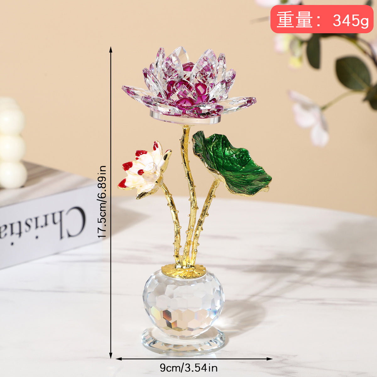 Crystal Lotus – purple crystal lotus with size dimensions shown, gold stem, crystal base, desk ornament detail