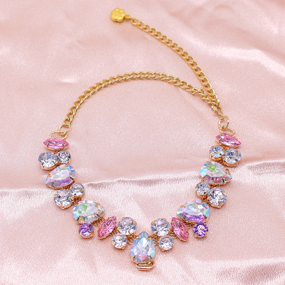 Princess Crystal Pearl Pet Collar – pastel iridescent crystal bib collar, gold chain, AB coating sparkle