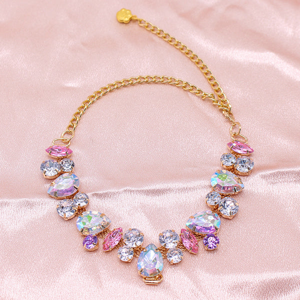 Princess Crystal Pearl Pet Collar – pastel iridescent crystal bib collar, gold chain, AB coating sparkle