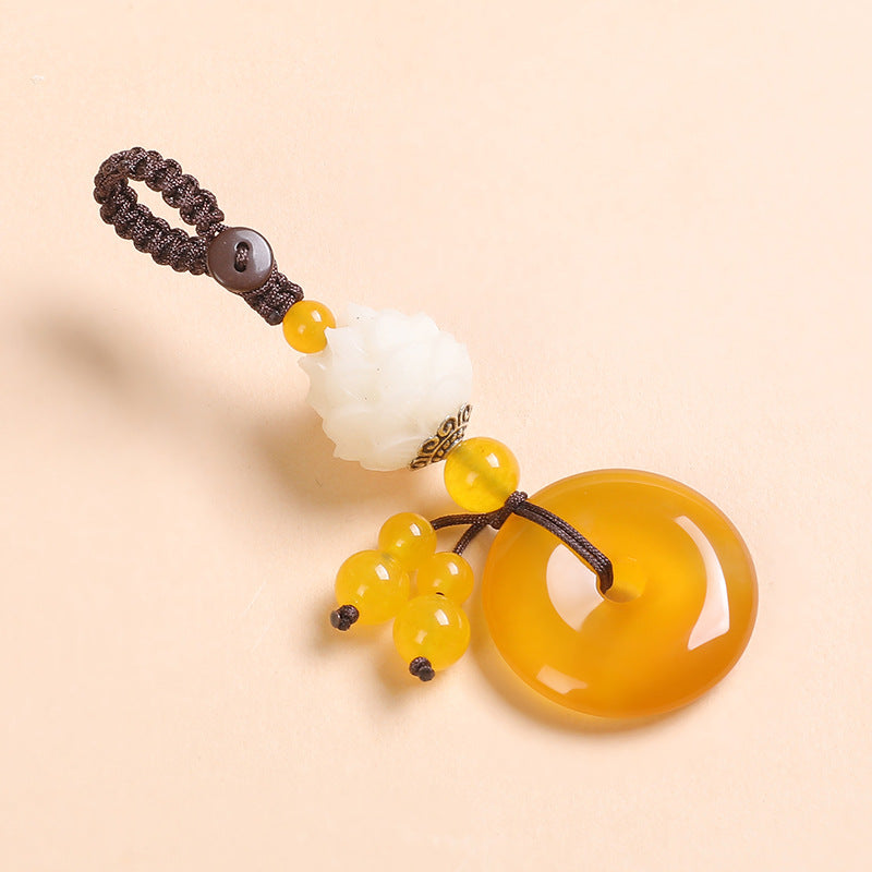 Agate Chalcedony Safety Knot Keychain – yellow agate Ping An Kou with white lotus bead accent