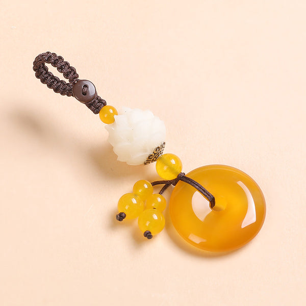 Agate Chalcedony Safety Knot Keychain – yellow agate Ping An Kou with white lotus bead accent