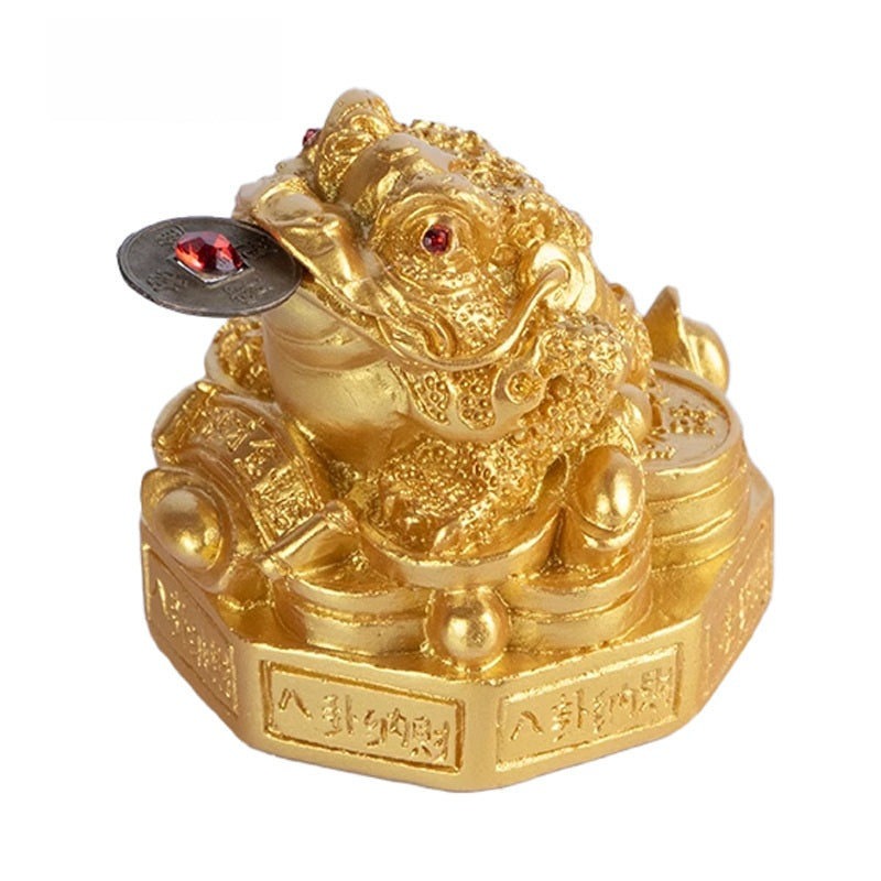 Golden Money Toad – gold frog on octagonal Bagua base with Chinese characters red gem eyes, fortune statue