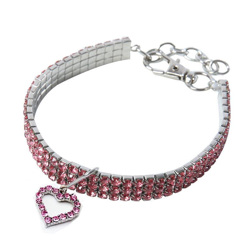 Pink Elastic Pet Collar – Pink crystal band with heart pendant, stretchy fit, feminine bling dog necklace