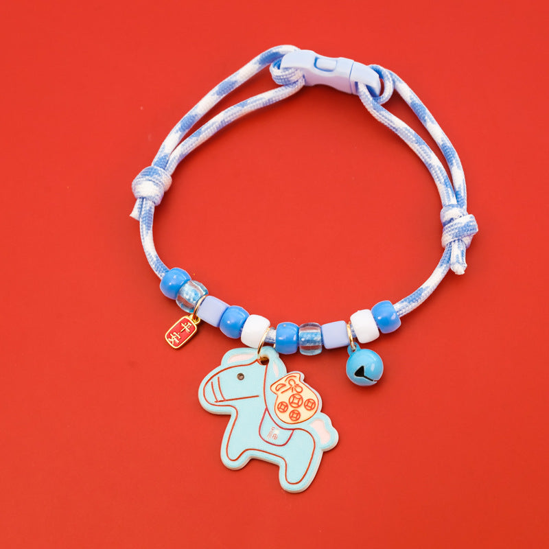 Horse Pet Collar – Blue-white tie-dye rope with blue horse, ping an tag & blue bell, zodiac collar