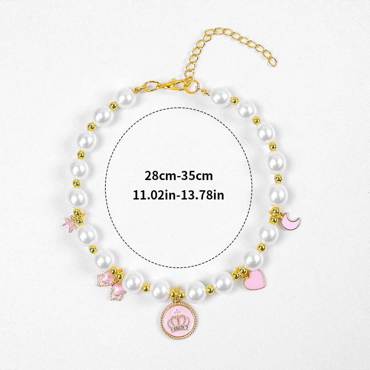 Luxury Crystal Pet Necklace – pearl collar with pink crown medallion, star moon heart bow charms, 28-35cm