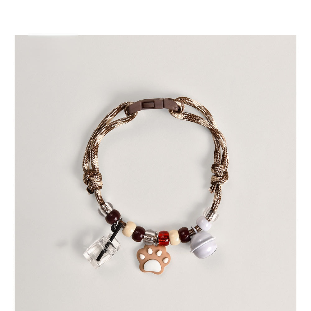 Adjustable Cat Collar – Brown diamond-braid rope with paw, ID tag & bell, artisan bead pet collar