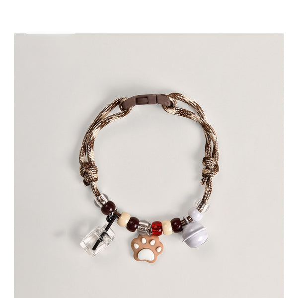 Adjustable Cat Collar – Brown diamond-braid rope with paw, ID tag & bell, artisan bead pet collar