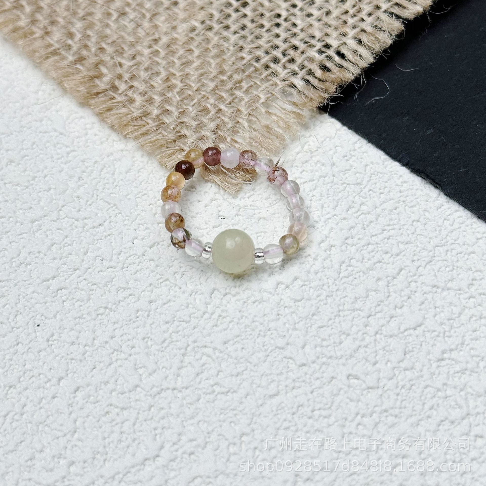 Tiger Eye Beaded Ring – Mixed gemstone beads with pale green center on burlap, healing crystal ring