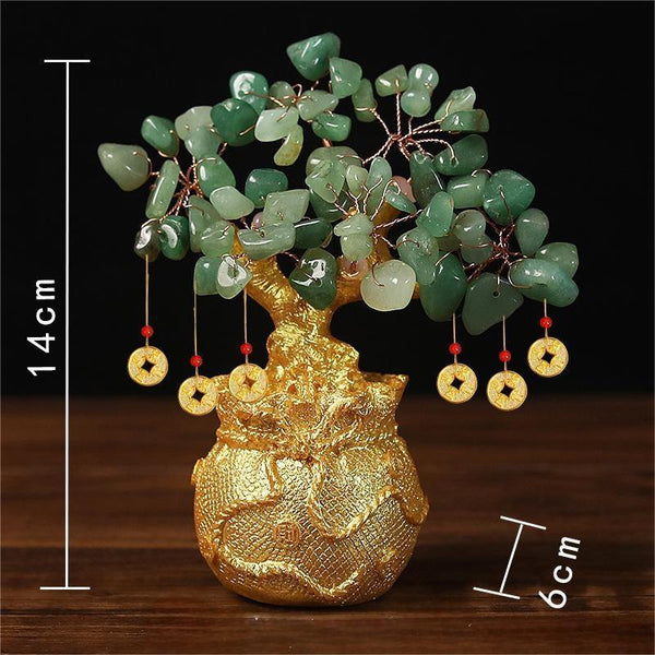 Green Aventurine Money Tree – green jade-like stones on golden base with size marks, prosperity feng shui
