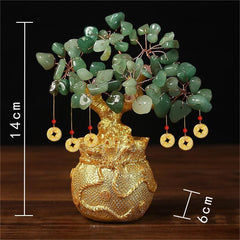 Green Aventurine Money Tree – green jade-like stones on golden base with size marks, prosperity feng shui