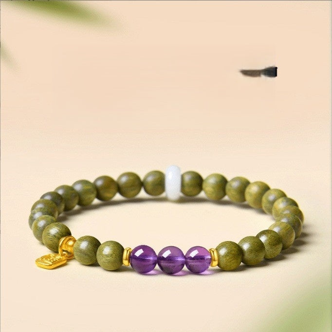 Green Sandalwood Bracelet – Single wrap with amethyst center beads, gold accent on beige, scented wood