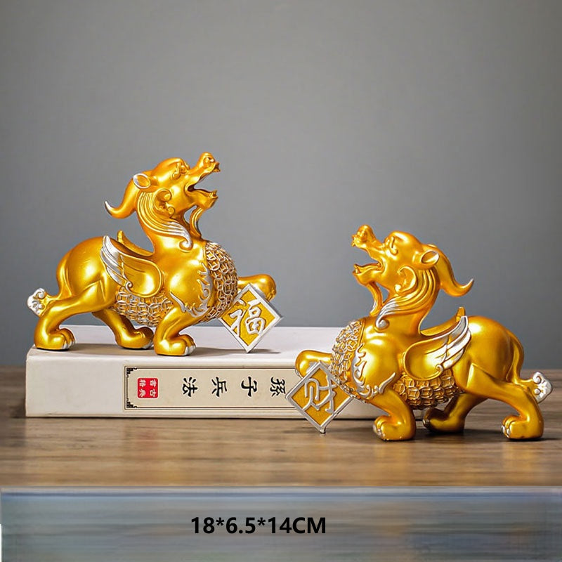 Pi Xiu Statue Pair – Golden pair on Chinese book large size, prosperity home decor
