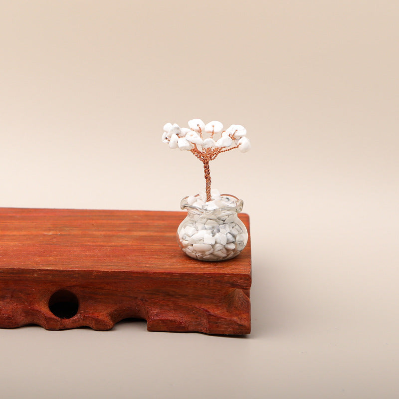 Mini Wealth Tree – white clear quartz tree on wooden stand, glass geode pot, beige background, minimalist home office