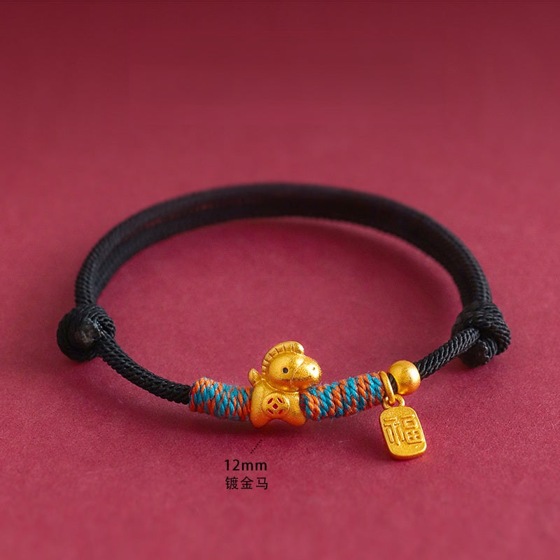 Year of the Horse Bracelet – Black cord gold horse charm with wraps on red, good luck gift