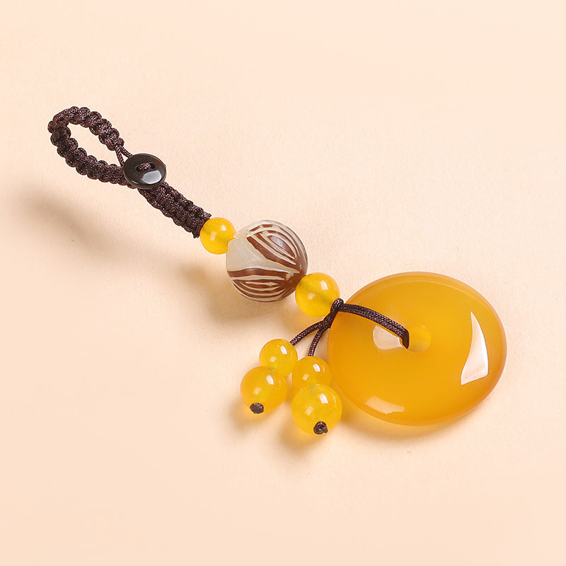 Agate Chalcedony Safety Knot Keychain – yellow agate with striped lotus bead and yellow beads