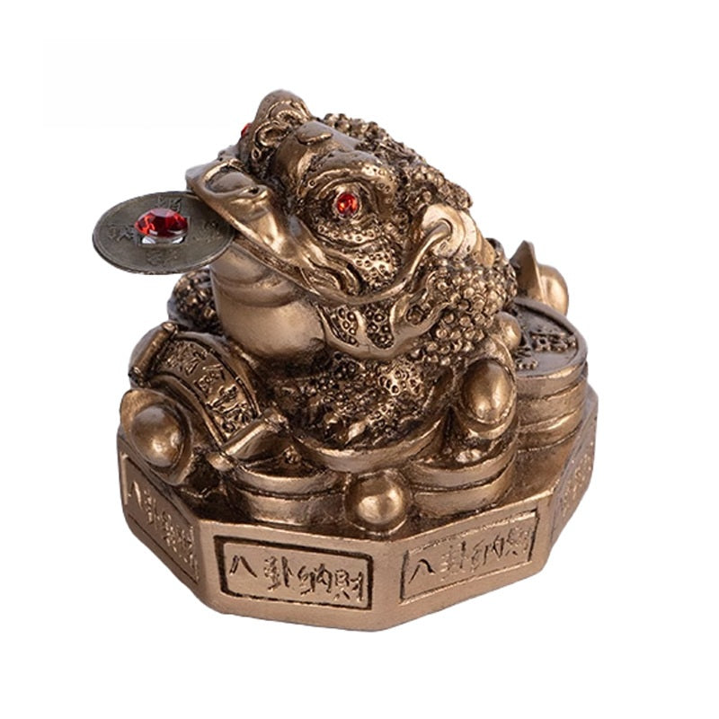Bronze Money Toad – copper frog on carved Bagua pedestal with inscriptions, antique wealth feng shui decor