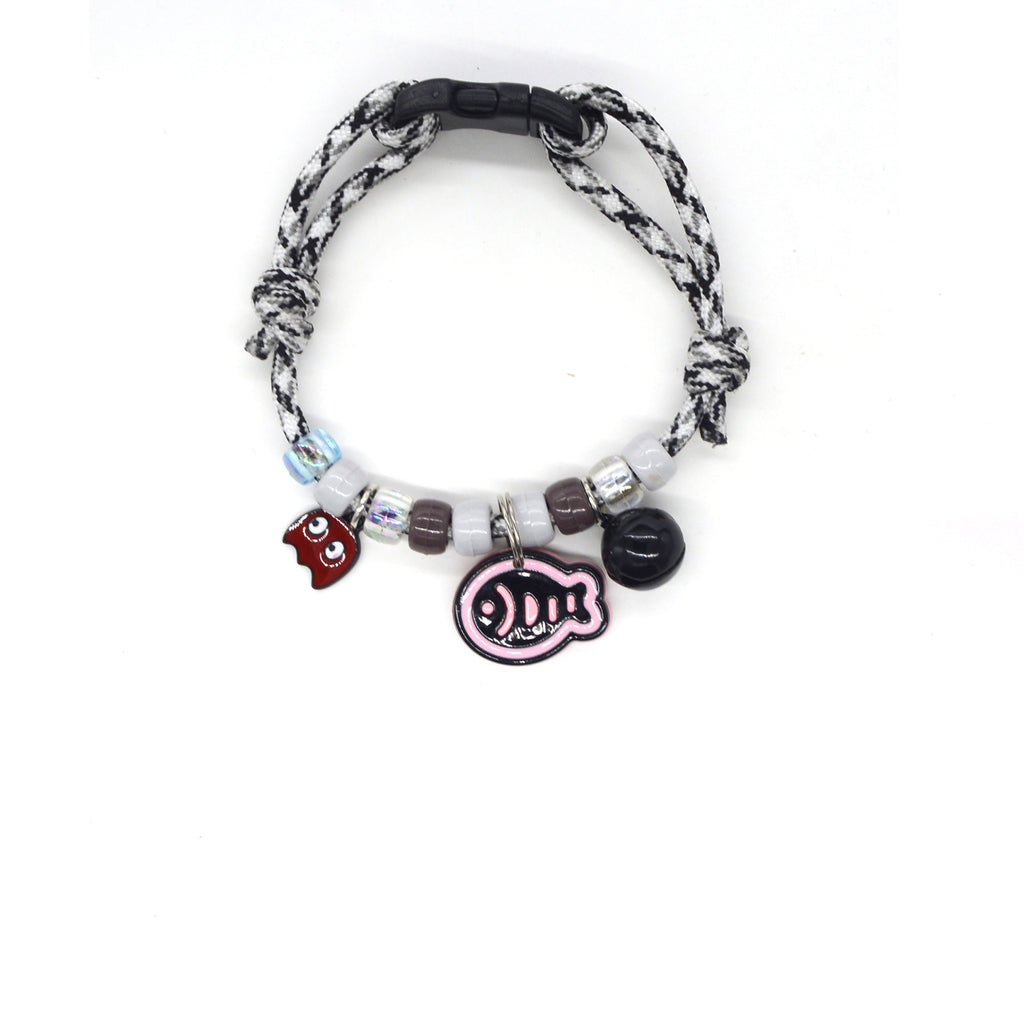 Cute Cat Collar – Black-white rope with fish head, fish skeleton & black bell, cat food collar