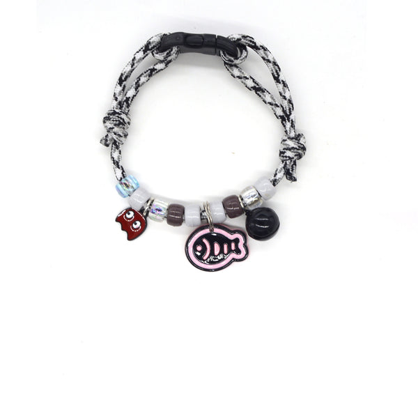 Cute Cat Collar – Black-white rope with fish head, fish skeleton & black bell, cat food collar