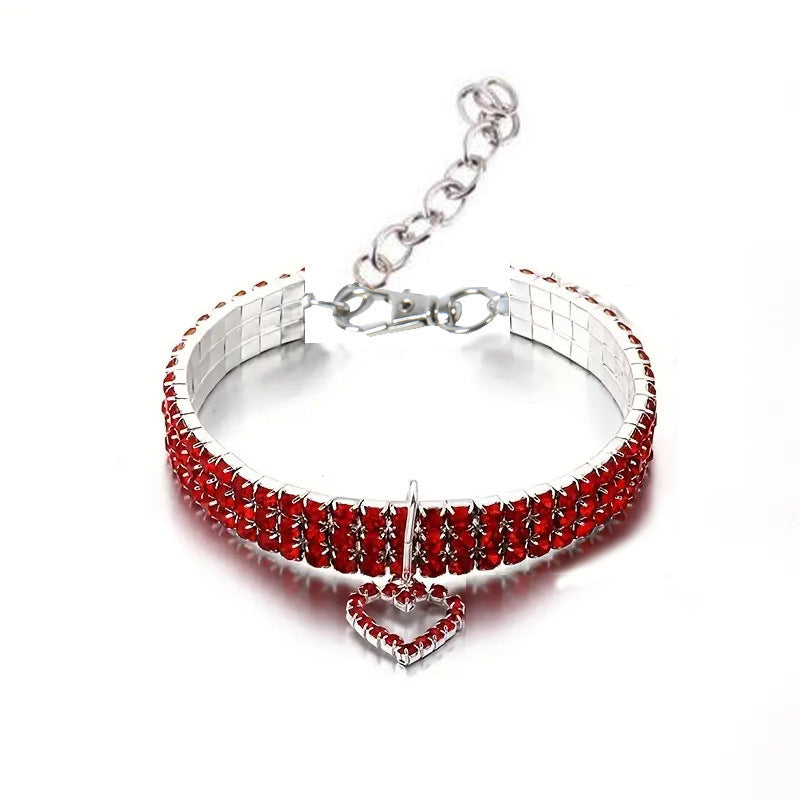 Red Stretch Pet Collar – Ruby red crystal band with heart pendant, elastic rhinestone dog jewelry