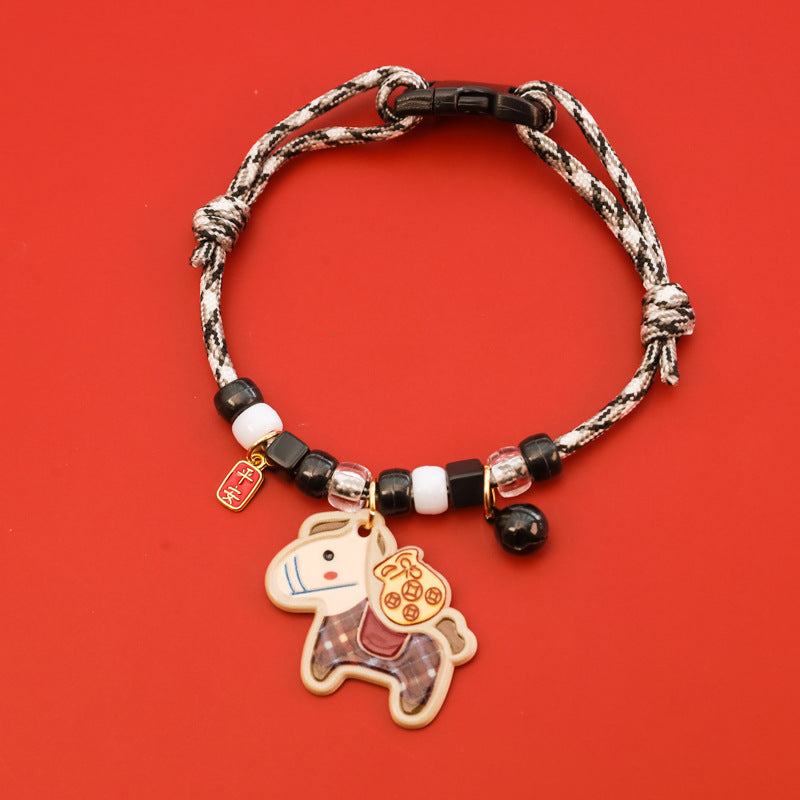 Year of Horse Collar – Black-white rope with plaid horse, ping an tag & black bell, zodiac pet collar