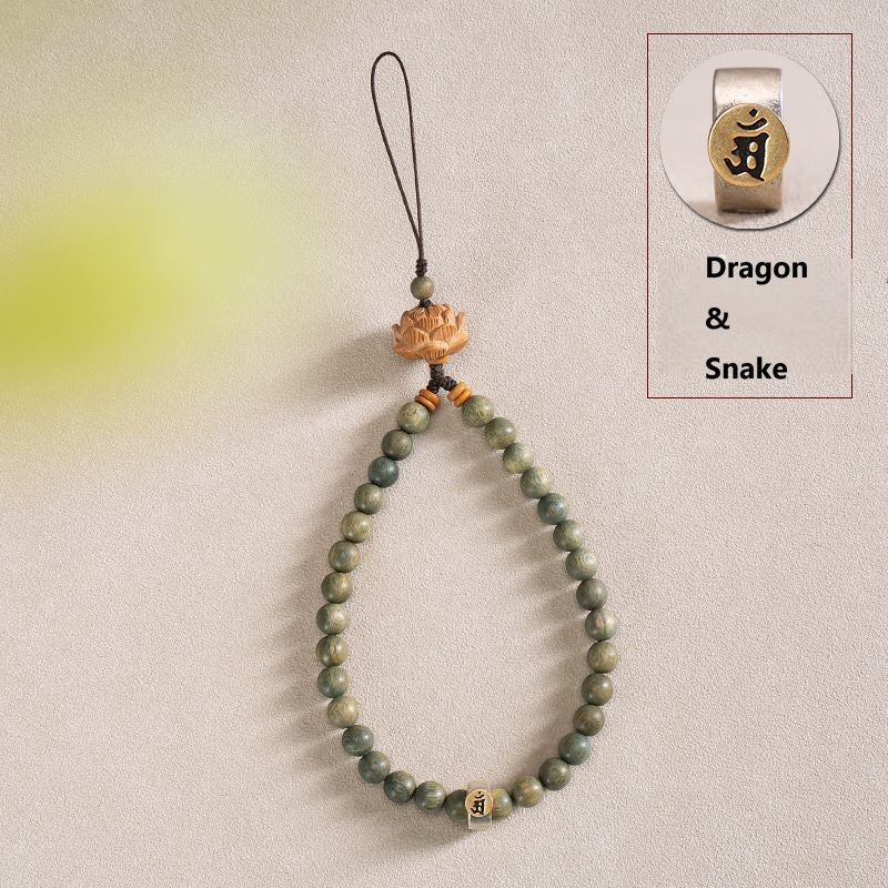 Zodiac Wood Bead Lanyard – Green sandalwood lanyard with Dragon and Snake silver zodiac badge, mystical phone strap