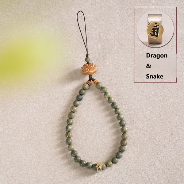 Zodiac Wood Bead Lanyard – Green sandalwood lanyard with Dragon and Snake silver zodiac badge, mystical phone strap