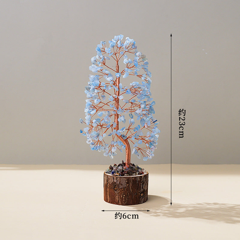 Colorful Crystal Wealth Tree – Blue aquamarine with dimensions, healing decor