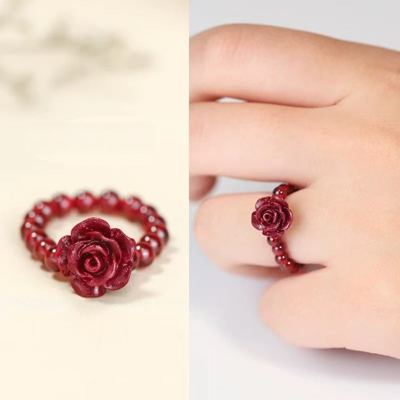 Cinnabar Rose Ring – Red cinnabar rose flower bead ring with gold accents, product and hand-worn split view