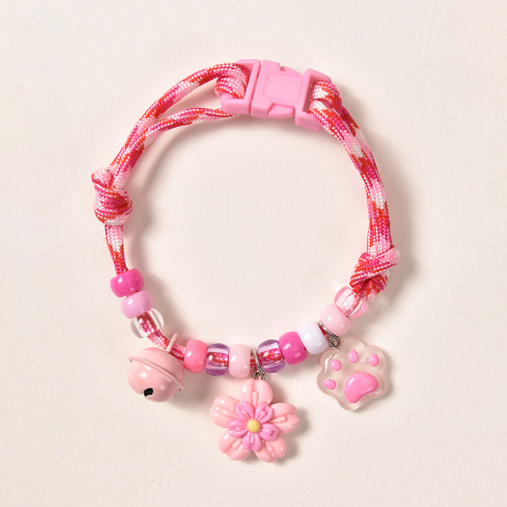 Lightweight Cat Collar – Pink rope with flower, paw & pink bell charms, breakaway cute pet necklace