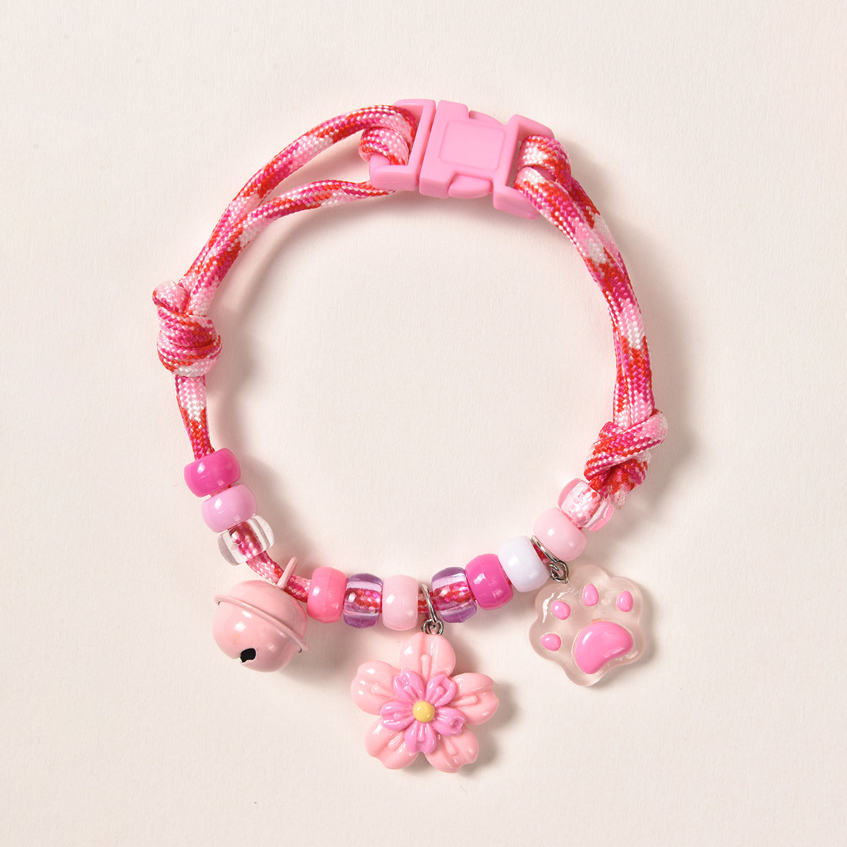Lightweight Cat Collar – Pink rope with flower, paw & pink bell charms, breakaway cute pet necklace