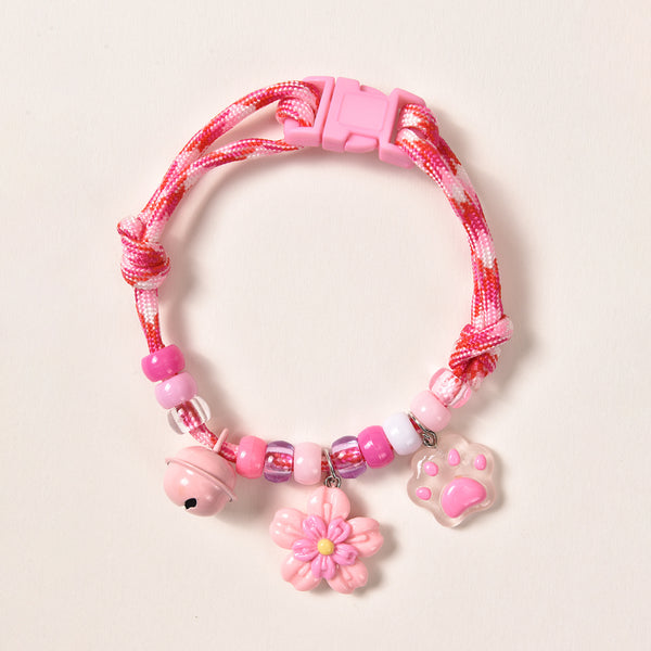 Lightweight Cat Collar – Pink rope with flower, paw & pink bell charms, breakaway cute pet necklace