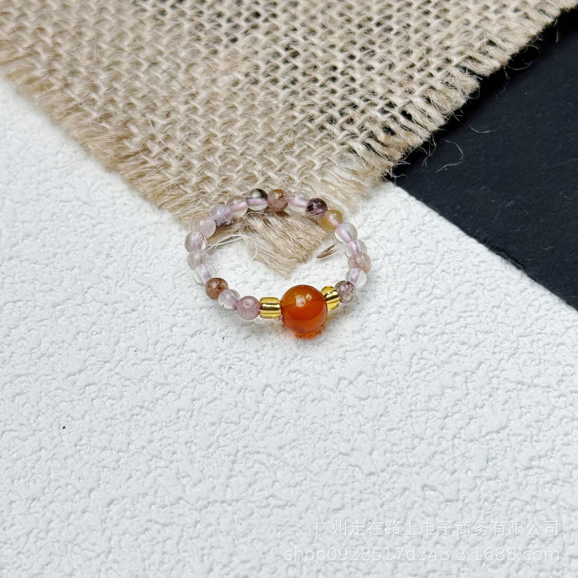 Tiger Eye Beaded Ring – Mixed beads with carnelian center stone on white burlap, vitality jewelry