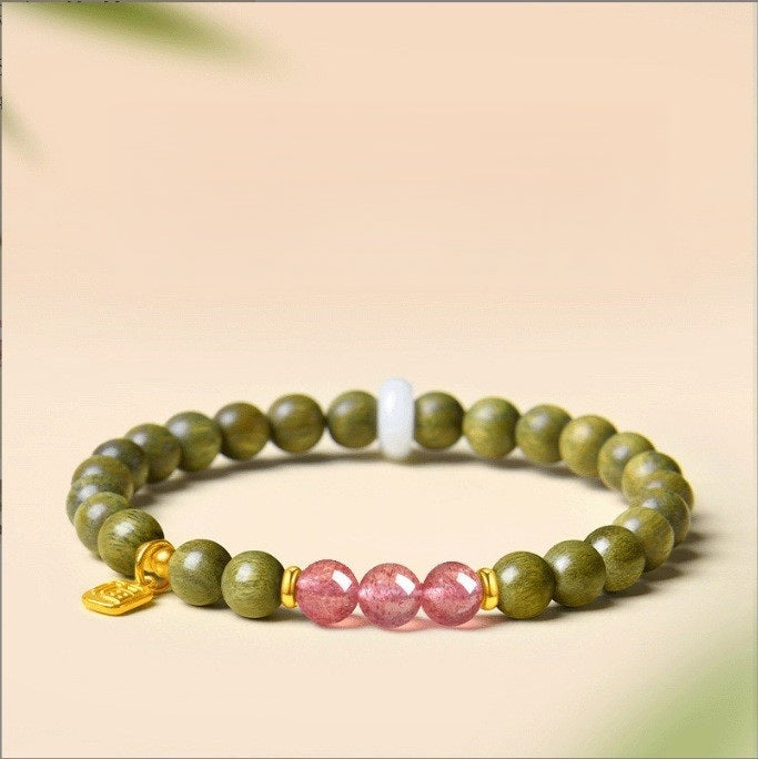 Green Sandalwood Bracelet – Single wrap with pink strawberry quartz beads, gold on beige, natural wood