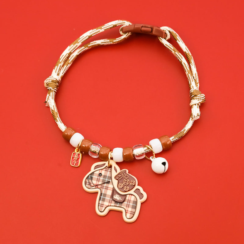 Horse Zodiac Collar – Cream-gold rope with plaid horse, coin saddle & white bell, luxury pet necklace