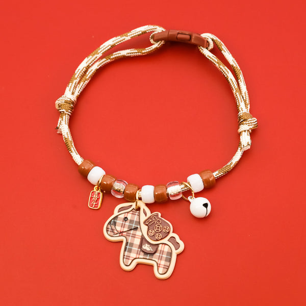 Horse Zodiac Collar – Cream-gold rope with plaid horse, coin saddle & white bell, luxury pet necklace
